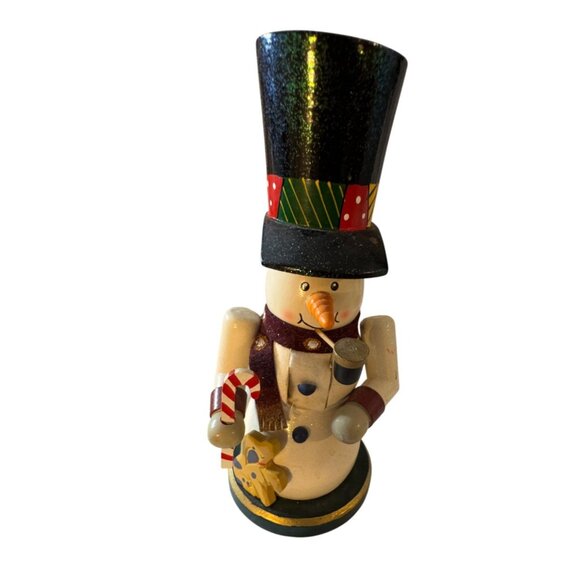 Handcrafted Wooden Snowman Nutcracker Figurine With Glittered Top Hat & Festive - Picture 5 of 5